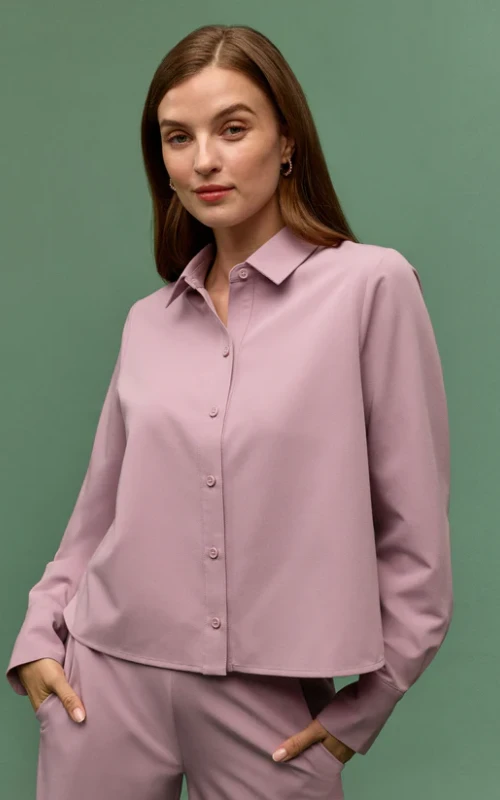 Jaanuu Kenna Cropped Button-Up Scrub Shirt