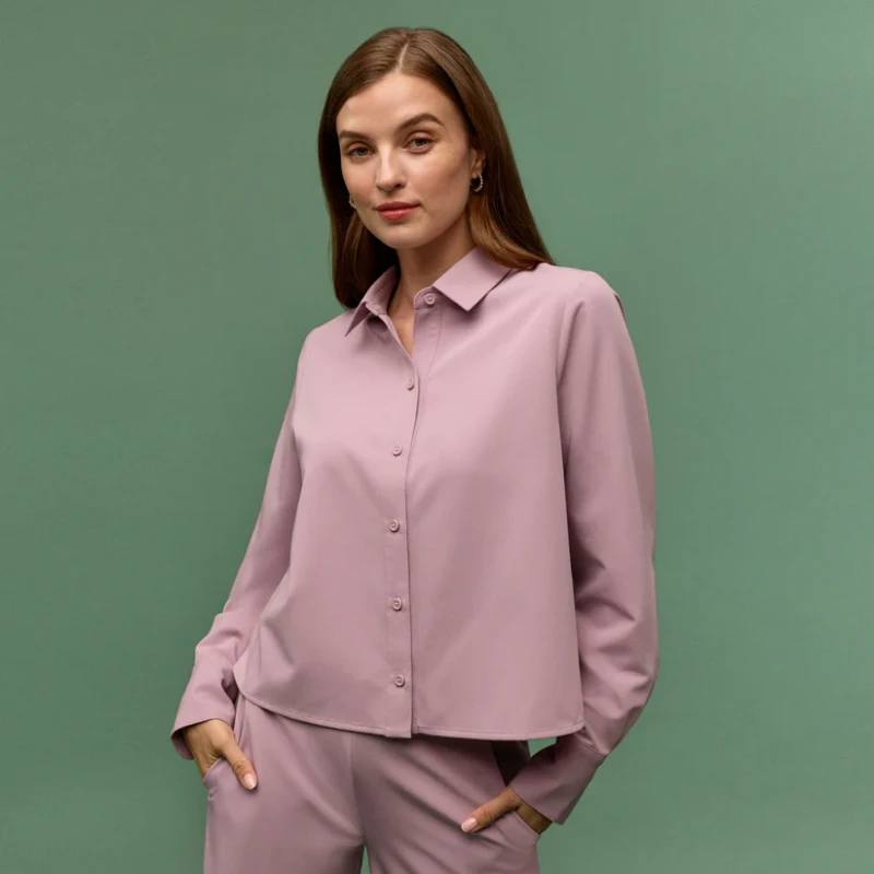 Jaanuu Kenna Cropped Button-Up Scrub Shirt